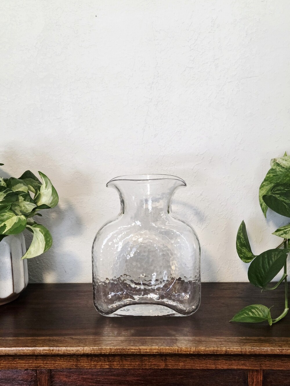 Blenko Style Double Spout Water Carafe Pitcher Clear Hammered Optic Glass